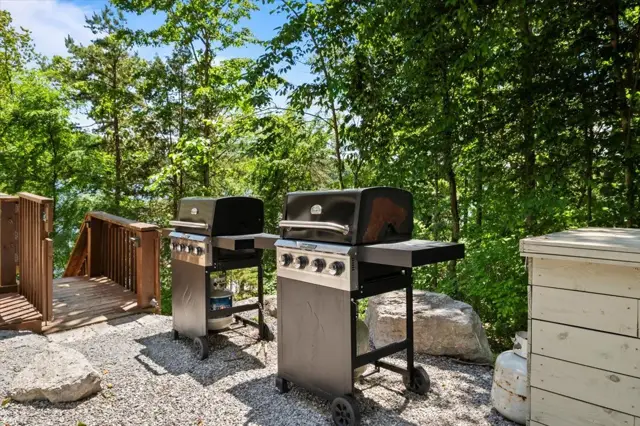 Outdoor gas grills by the townhomes at Parsons Shores Lodge, Norris Lake, Sharps Chapel TN