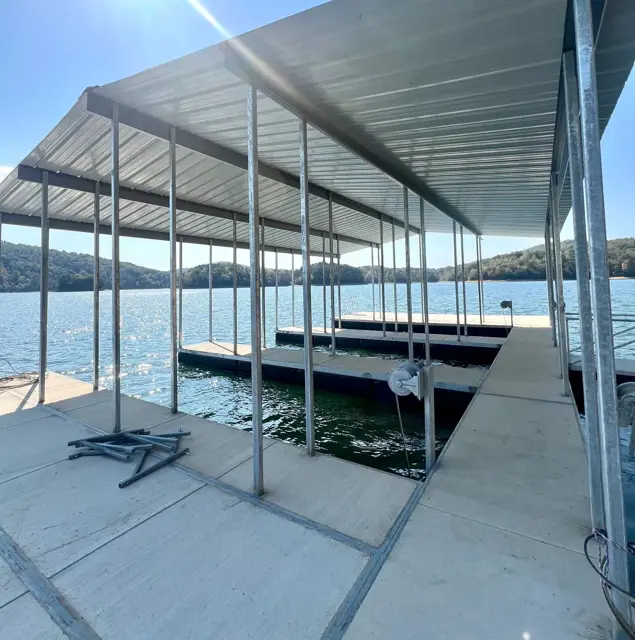 Covered boat slips on the private dock at Parsons Shores Lodge, Norris Lake, Sharps Chapel TN
