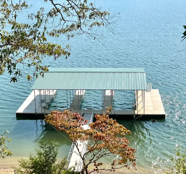 New covered boat dock on Norris Lake in fall at Parsons Shores Lodge, Norris Lake, Sharps Chapel TN